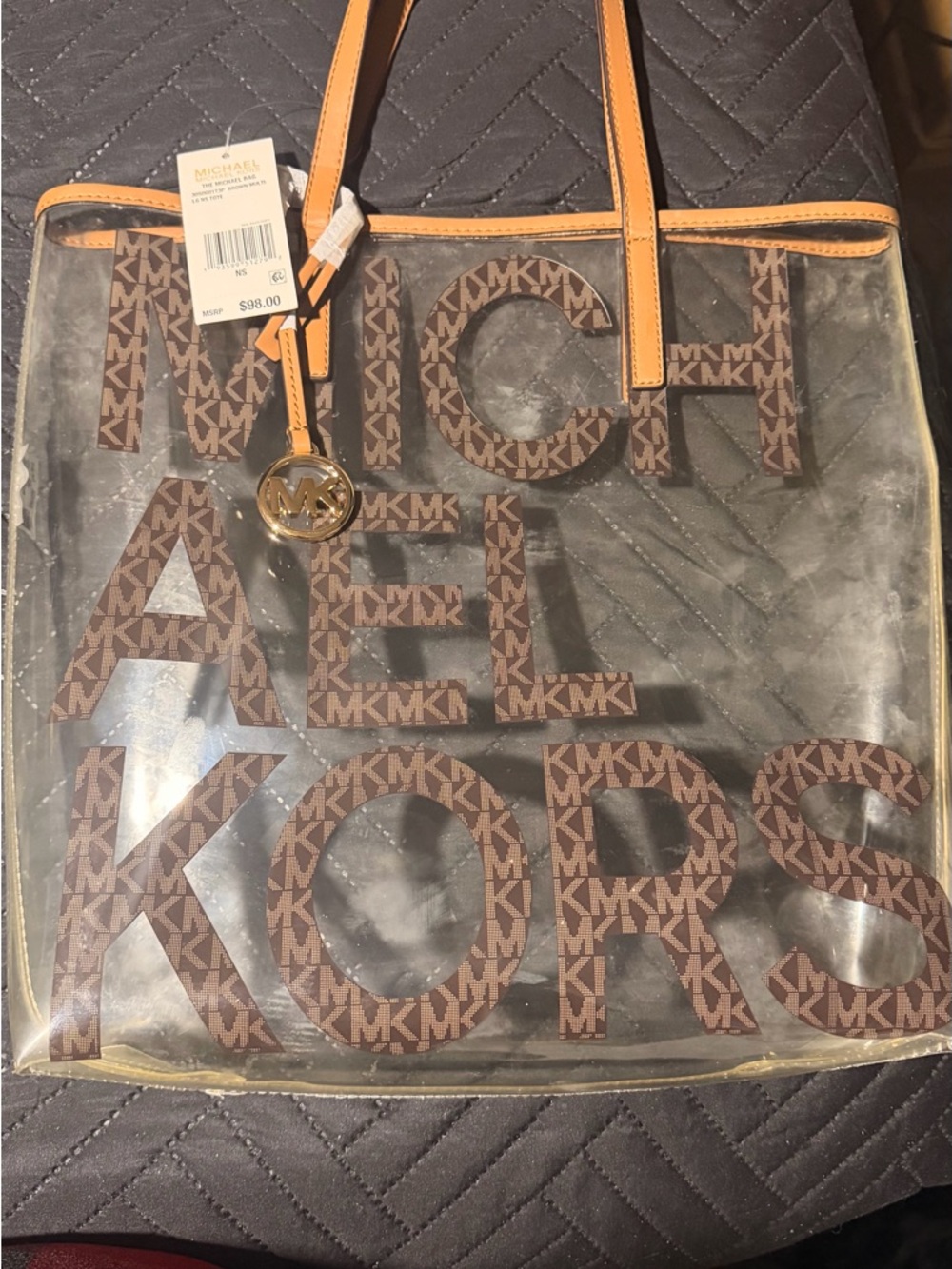 Michael Kors Clear Tote with Brown MK Lettering and Tan Trim